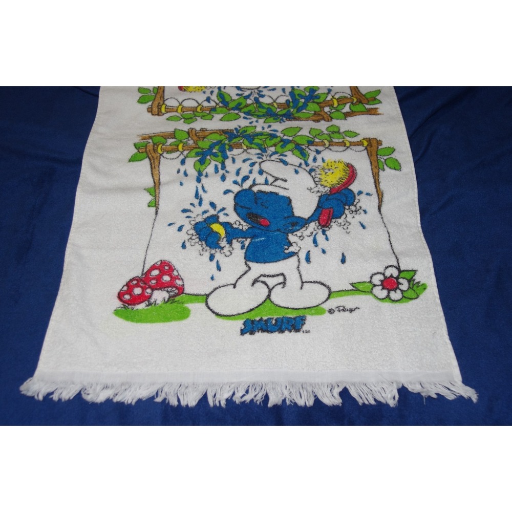 Vintage 80s RARE HTF 38"x21" Smurfs Beach Towel USA Lawtex‎ PRISTINE